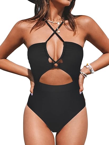 Photo 1 of MEDIUM BLACK CUPSHE Women's One Piece Swimsuit Plunge Neckline Cutout Criss Cross Bathing Suit
