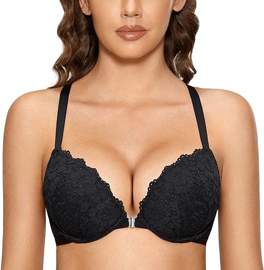 Photo 1 of 36-C BLACK DOBREVA Women's Push Up Bra Racerback Front Closure Bras Lace Padded Underwire Plunge Floral

