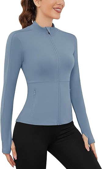 Photo 1 of Small Blue Loovoo Women's Workout Running Jacket Zip Up Slim Fit Lightweight Jackets with Thumb Holes
