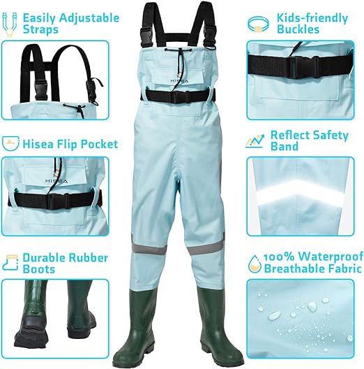 Photo 2 of Size 4/5T Little kids HISEA Kids Chest Waders Youth Fishing Waders for Toddler Children Waterproof Hunting Waders with Boots & Reflect Safety Band