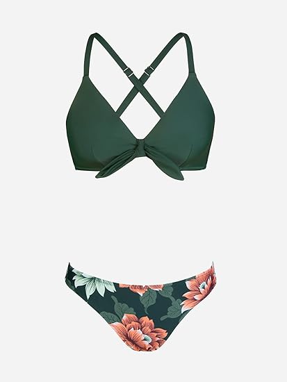 Photo 2 of Large CUPSHE Women's Two Piece Bikini Set Dark Green Floral Print Knot Bunny Tie
