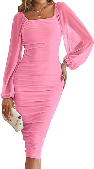 Photo 1 of XXL ZESICA Women's Long Puff Sleeve Ruched Bodycon Dress Square Neck Mesh Cocktail Party Midi Dresses
