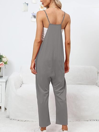 Photo 2 of XL GREY DEEP SELF Women's Loose Casual V Neck Sleeveless Jumpsuits Adjustable Spaghetti Straps Harem Long Pants Overalls With Pockets