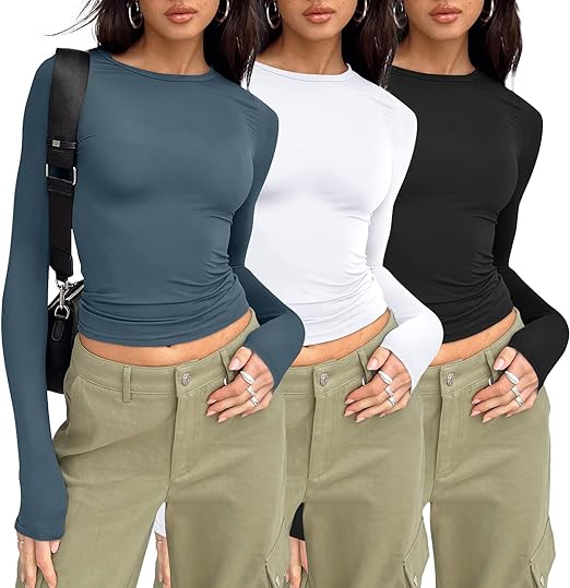 Photo 1 of Large AUTOMET Womens 3 Piece Long Sleeve Shirts Basic Crop Tops Going Out Fall Fashion Underscrubs Layer Slim Fit Y2K Tops
