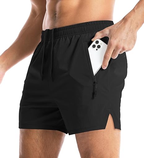 Photo 1 of Medium Black Men's Gym Shorts Linerless & Liner - 5" Quick Dry Workout Running Shorts with Zip Pockets Sports Athletic Shorts