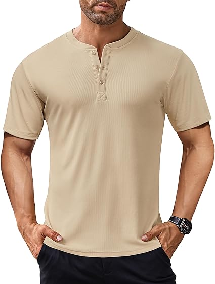 Photo 1 of Large COOFANDY Men's Short Sleeve Henley Shirts Stretch Ribbed T-Shirts Fashion Casual Basic Tops
