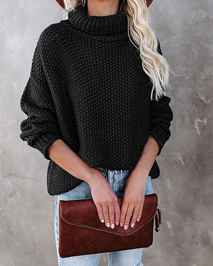 Photo 1 of Medium Black Fall Long Sleeve Turtleneck Casual Loose Chunky Knitted Pullover Sweater