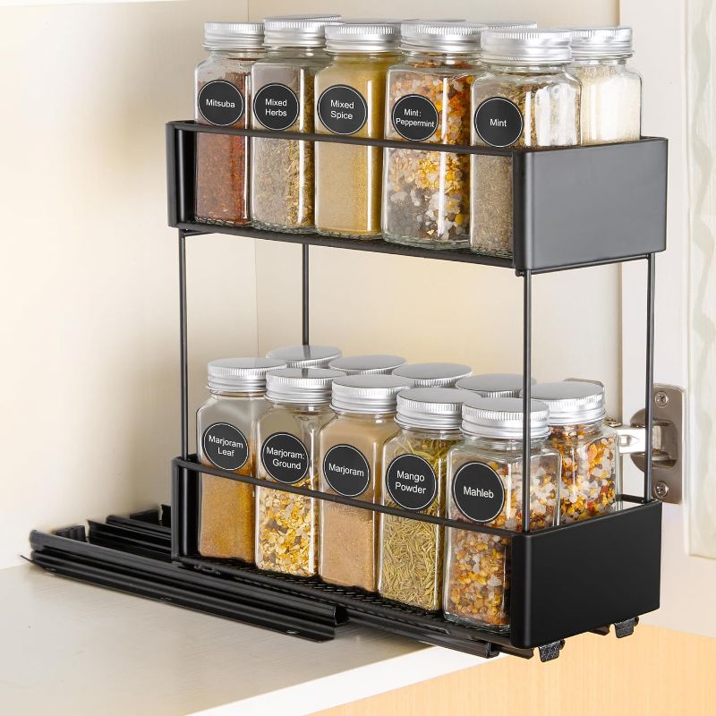 Photo 1 of Black Vtopmart Pull Out Spice Rack Organizer for Cabinet with 20 Empty Spice Jars, Rustproof & Durable Spice Cabinet Organizer, Seasoning Organizer, Slide Out Spice Racks, 4.72" W x 10.35" D x 10.04" H
