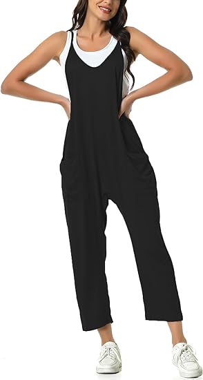 Photo 1 of Small Black Rompers for Women Casual Summer Jumpsuits Sleeveless Loose Spaghetti Strap Overalls Jumpers
