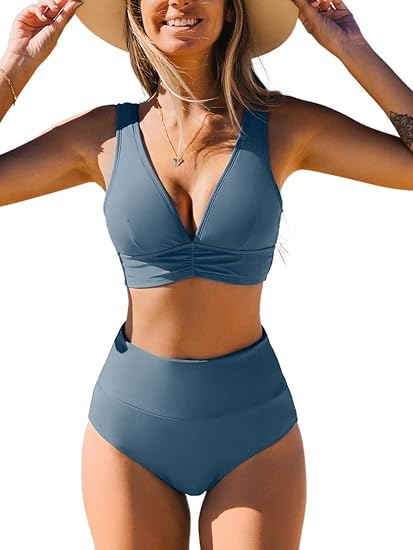 Photo 1 of Large Lake Blue CUPSHE Bikini Set for Women Two Piece Swimsuit High Waisted V Neck Ruched Front Wide Straps
