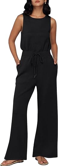 Photo 1 of Large Black AUTOMET Womens Jumpsuits Dressy Summer Outfits Casual Sleeveless Wide Leg Long Pants Rompers Fashion Clothes 2024
