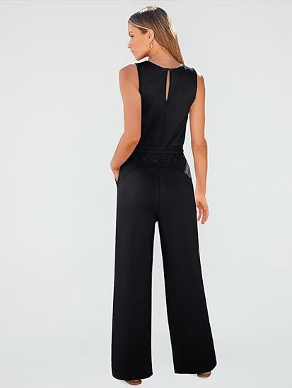 Photo 2 of Large Black AUTOMET Womens Jumpsuits Dressy Summer Outfits Casual Sleeveless Wide Leg Long Pants Rompers Fashion Clothes 2024
