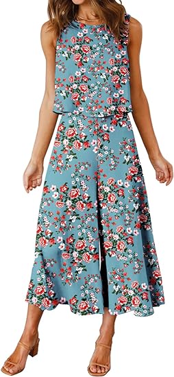 Photo 1 of Large Blue Floral ROYLAMP Women's Summer 2 Piece Outfits Round neck Crop Basic Top Cropped Wide Leg pants Set Jumpsuits


