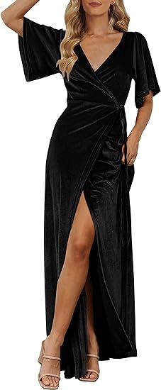 Photo 1 of Large Black MEROKEETY Women's V Neck Wrap Velvet Maxi Dress Bell Sleeve Split Bridesmaid Cocktail Party Dresses
