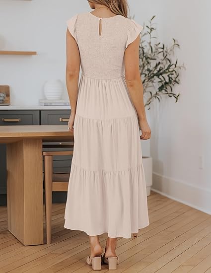 Photo 2 of Large Apricot ZESICA Women's 2024 Summer Casual Flutter Short Sleeve Crew Neck Smocked Elastic Waist Tiered Midi Dress
