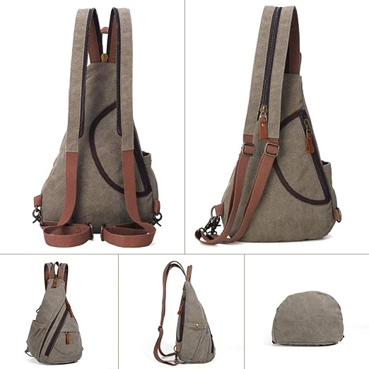 Photo 2 of Olive Green Canvas Sling Bag - Small Crossbody Backpack Shoulder Casual Daypack Rucksack for Men Women 1 Dust Bag 
