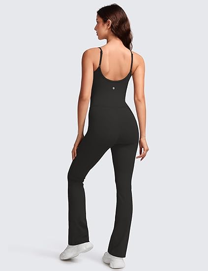 Photo 2 of Large Black CRZ YOGA Butterluxe Flare Jumpsuits for Women Spaghetti Strap Workout Athletic Onesie Square Neck Bodysuits with Built in Bra
