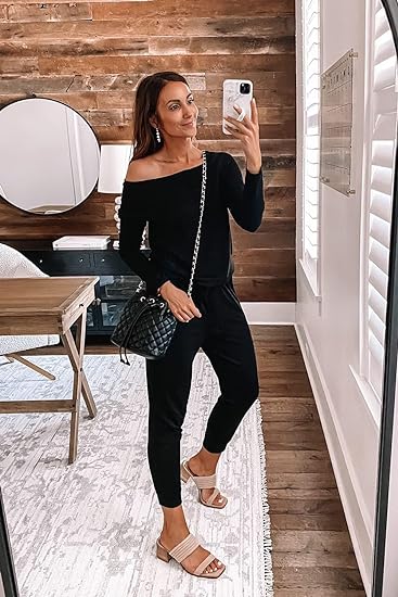 Photo 1 of Large - Black PRETTYGARDEN Womens Casual Long Sleeve Crewneck Off Shoulder Elastic Waist Stretchy Romper Jumpsuit
