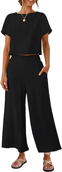 Photo 1 of Large ZESICA Women's 2 Piece Outfits Linen Short Sleeve Crop Top and High Waist Pants Lounge Matching Set 2024 Trendy Clothes
