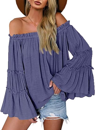 Photo 1 of XL Z Navy Blue Womens Off The Shoulder Long Bell Sleeve Tops Flared Casual Loose Blouse
