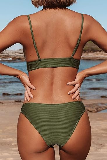 Photo 2 of Small Green Army CUPSHE Women Bikini Set Solid Color Sexy Triangle Two Piece Swimsuit
