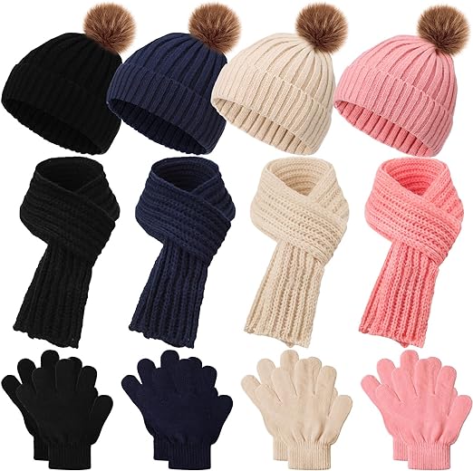Photo 1 of 4 Sets Kids Winter Hat Gloves Scarf Set Girls Boys Knit Hat Long Scarf Snow Gloves Outdoor for Toddler
