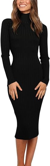 Photo 1 of Medium Black MEROKEETY Women's 2024 Ribbed Long Sleeve Sweater Dress High Neck Slim Fit Knitted Midi Dress
