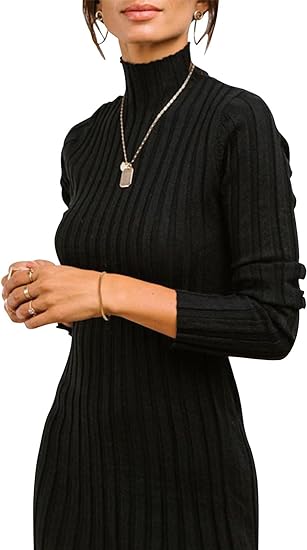 Photo 2 of Medium Black MEROKEETY Women's 2024 Ribbed Long Sleeve Sweater Dress High Neck Slim Fit Knitted Midi Dress
