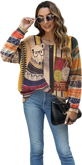 Photo 2 of 3XL Women Graphic Oversized Sweater Crew Neck Long Sleeve Boho Printed Loose Fit Casual Knit Pullover Sweaters Top
