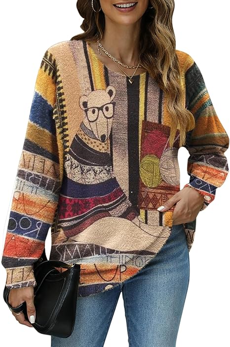 Photo 1 of 3XL Women Graphic Oversized Sweater Crew Neck Long Sleeve Boho Printed Loose Fit Casual Knit Pullover Sweaters Top

