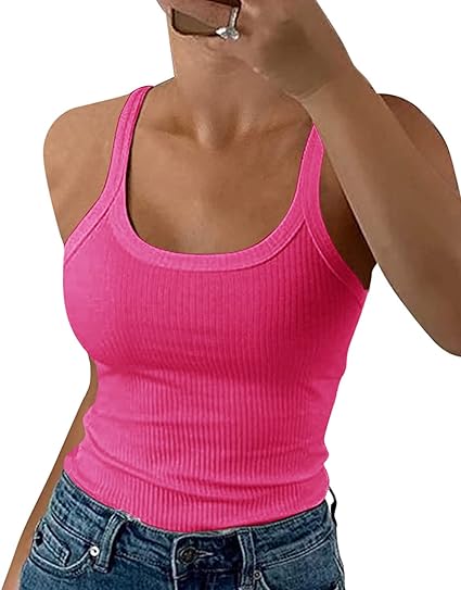 Photo 1 of Large Hot Pink Women Spaghetti Strap Scoop Neck Ribbed Tank Tops Slim Fitted Cotton Camisole Basic Sleeveless Layering Shirts
