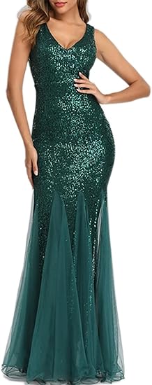 Photo 1 of Medium Mermaid Green A ARFAR Women Sequin Dress Tulle Party Dress for Women Sexy V-Neck Dress Formal Long Dresses Evening Prom Gowns
