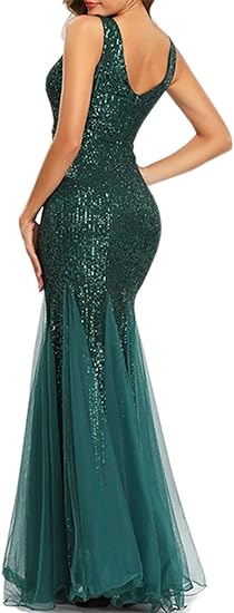 Photo 2 of Medium Mermaid Green A ARFAR Women Sequin Dress Tulle Party Dress for Women Sexy V-Neck Dress Formal Long Dresses Evening Prom Gowns
