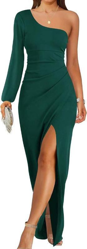 Photo 1 of Large Dark Green ZESICA Women's 2024 One Shoulder Long Sleeve Cocktail Dress Sexy High Slit Ruched Bodycon Wedding Guest Maxi Dresses
