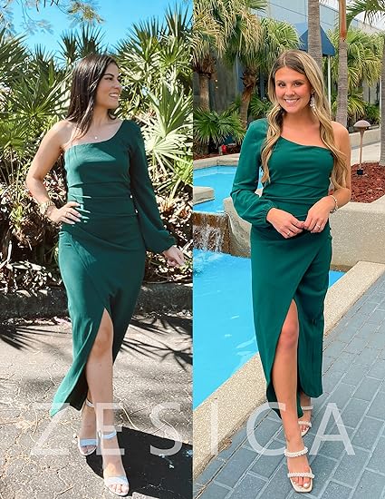Photo 2 of Large Dark Green ZESICA Women's 2024 One Shoulder Long Sleeve Cocktail Dress Sexy High Slit Ruched Bodycon Wedding Guest Maxi Dresses
