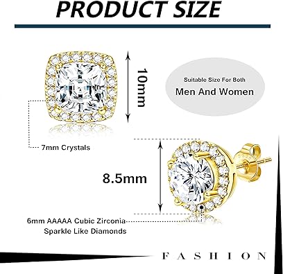 Photo 2 of Hayoso 18K Gold Plated Halo Stud Earrings 925 Sterling Silver Cubic Zirconia Stud Earrings Round Square Diamonique Stud Earrings Set for Women Men
