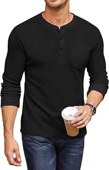 Photo 1 of 3XL Black COOFANDY Men's Henley Shirts Long Sleeve Basic Waffle Pique Pullover T-Shirt with Pocket

