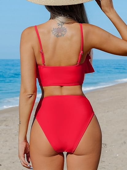 Photo 2 of Medium Red CUPSHE Women's Bikini Sets Two Piece High Waisted Swimsuit Tiered Ruffled Swimwear
