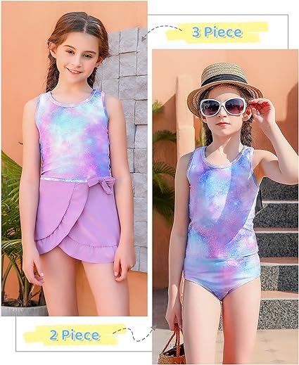 Photo 2 of Size 12T A3- Galaxy Cutemile Girls Swimsuit 3 Piece Bathing Suit Quick Dry Tankini Set with Cover Up Beach Skirt Bikini Swimwear 6-12 Years
