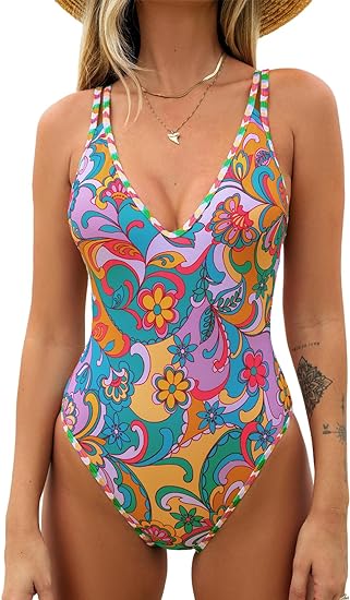 Photo 1 of Large CUPSHE Women's One Piece Swimsuit Bathing Suit Double Strap Back tie Low Cut Boho Paisley Swimwear

