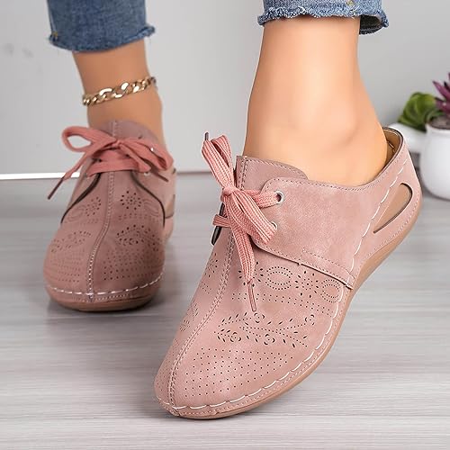 Photo 2 of size 7.5 Pink Wedge Sandals For Women Comfortable Closed Toe Cut-Out Vamp Breathable Tie Up Half Slipper Slingback Non-Slip Sandals
