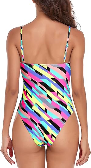 Photo 2 of Small Neon Striped  RELLECIGA Women's Bandeau One Piece Swimsuits
