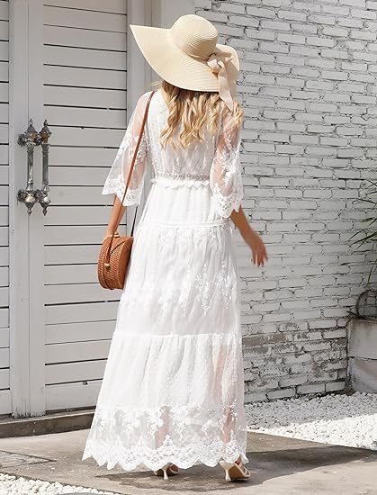 Photo 2 of Large White01 ABOCIW Women's Boho Maxi Dress Lace Up Tassel V-Neck Flare Ruffle Fringed Beach Summer Dresses
