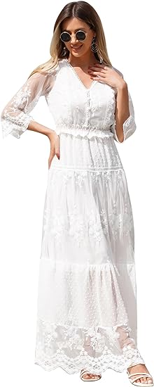 Photo 1 of Large White01 ABOCIW Women's Boho Maxi Dress Lace Up Tassel V-Neck Flare Ruffle Fringed Beach Summer Dresses
