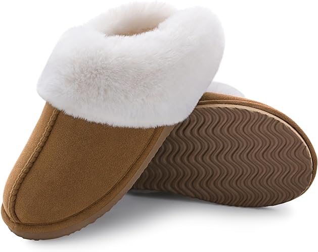 Photo 2 of Size 8.5-9 Litfun Fuzzy House Slippers for Women Fluffy Memory Foam Suede Slippers with Faux Fur Collar Indoor Outdoor
