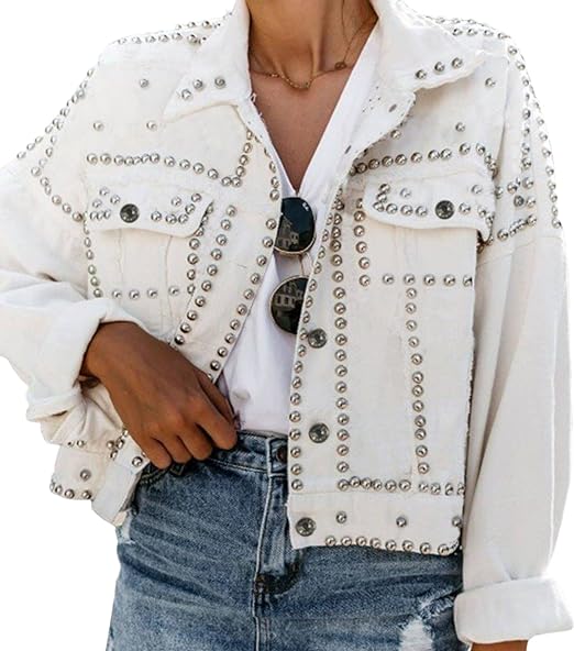 Photo 1 of Medium White PUWEI Dressy Rivet Studded White Cropped Jean Jacket Women Western Distressed Washed Denim Coat
