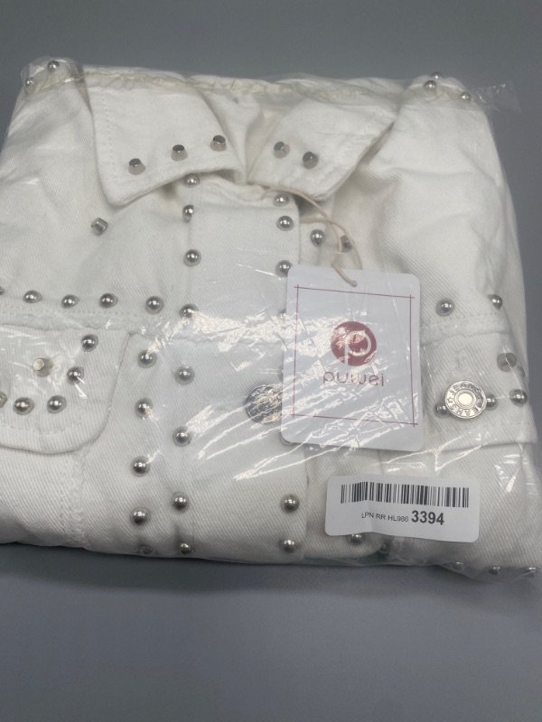 Photo 3 of Medium White PUWEI Dressy Rivet Studded White Cropped Jean Jacket Women Western Distressed Washed Denim Coat
