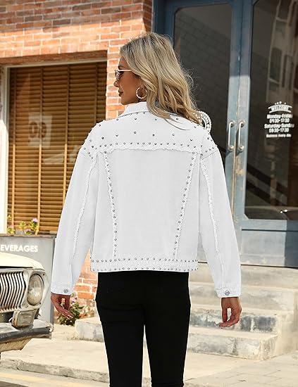 Photo 2 of Medium White PUWEI Dressy Rivet Studded White Cropped Jean Jacket Women Western Distressed Washed Denim Coat
