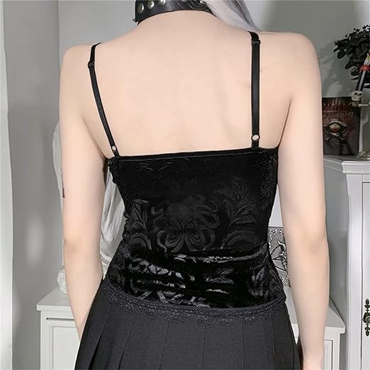 Photo 2 of Medium  Black Women's Gothic Crop Top Spaghetti Strap Camisole Mall Goth Grunge Punk Fairy Cami Corset Top Backless Vest
