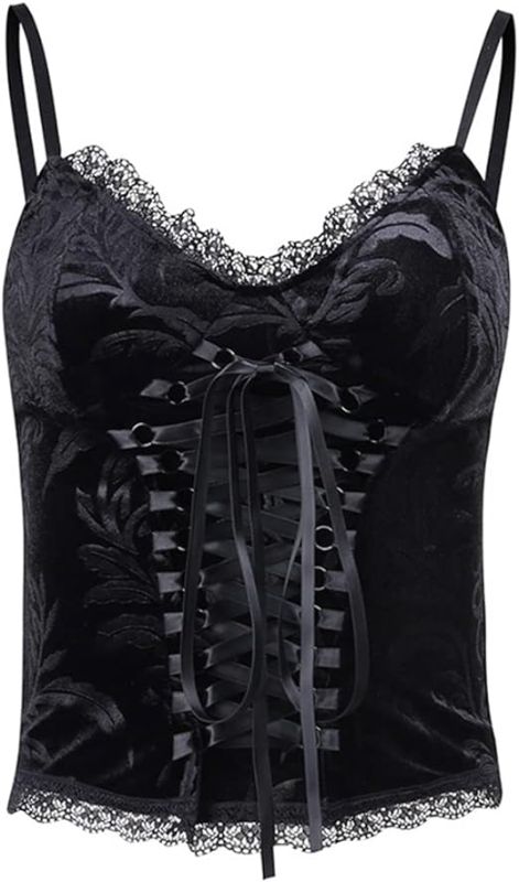 Photo 1 of Medium  Black Women's Gothic Crop Top Spaghetti Strap Camisole Mall Goth Grunge Punk Fairy Cami Corset Top Backless Vest
